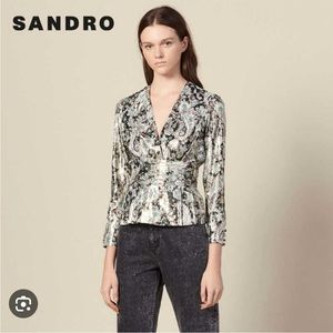 Sandro Marine Metallic Botanical Jacquard Blouse